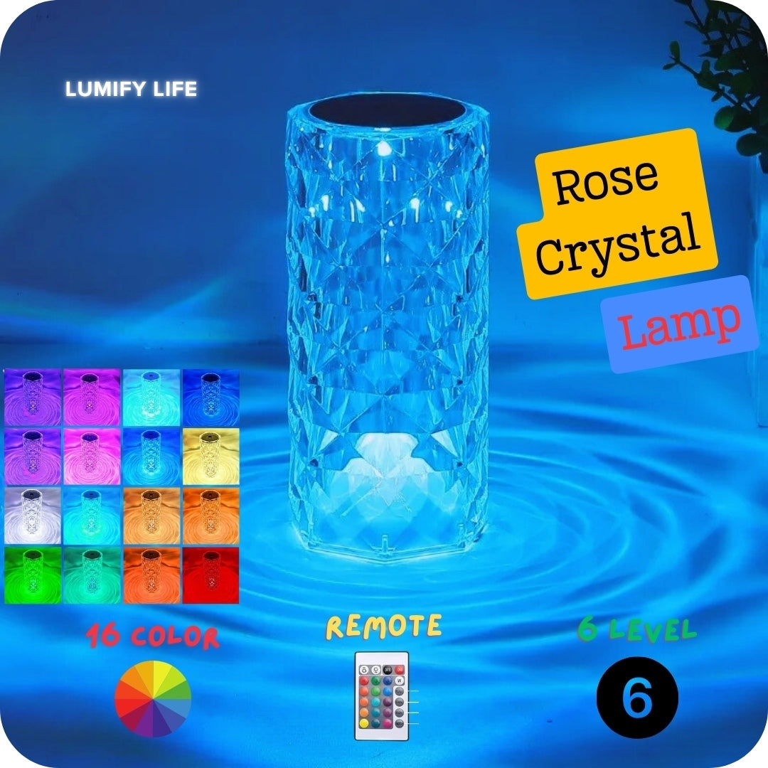 Diamond Rose Crystal Table Lamp - 16 Colors, Touch/Remote Dimmable Night Light