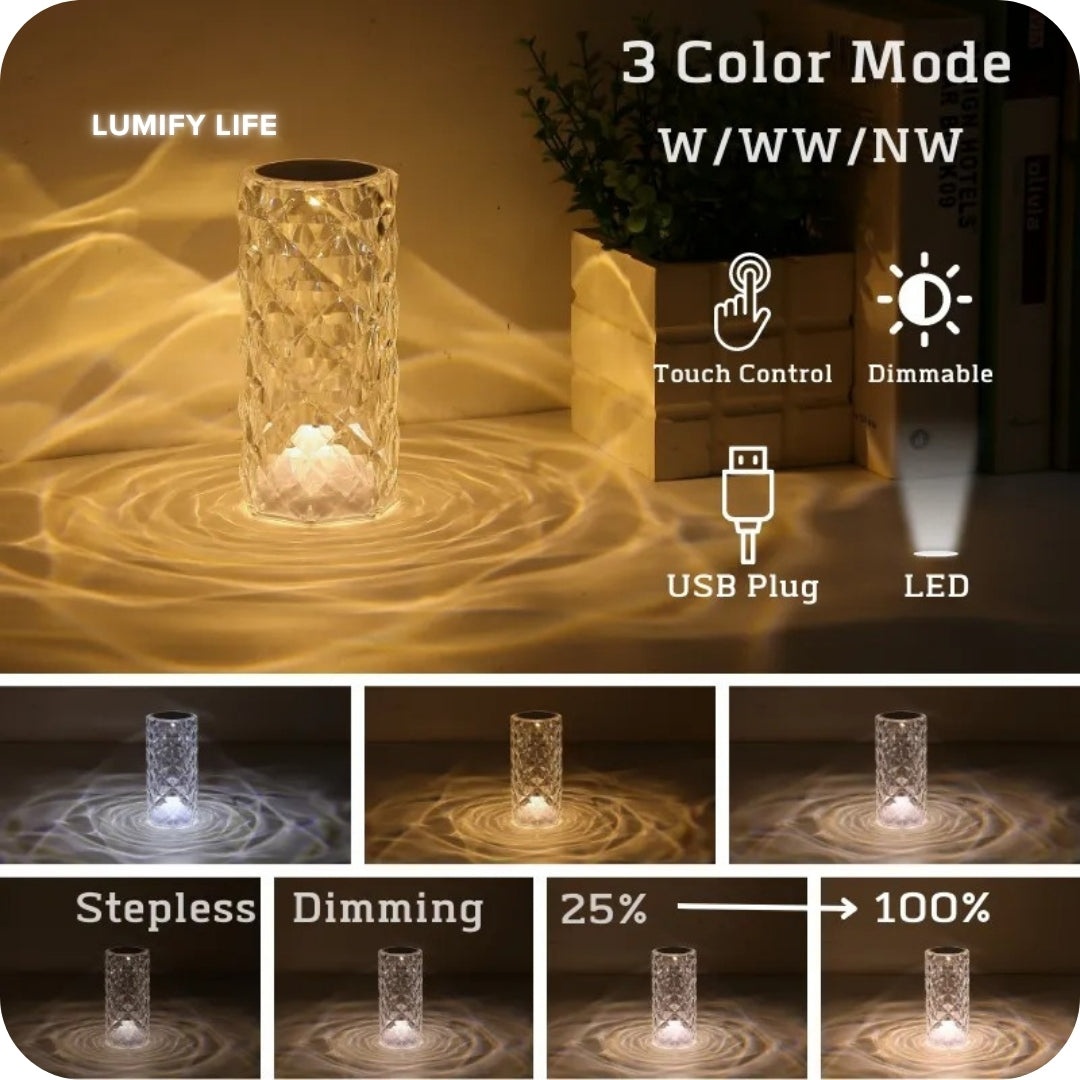 Diamond Rose Crystal Table Lamp - 16 Colors, Touch/Remote Dimmable Night Light