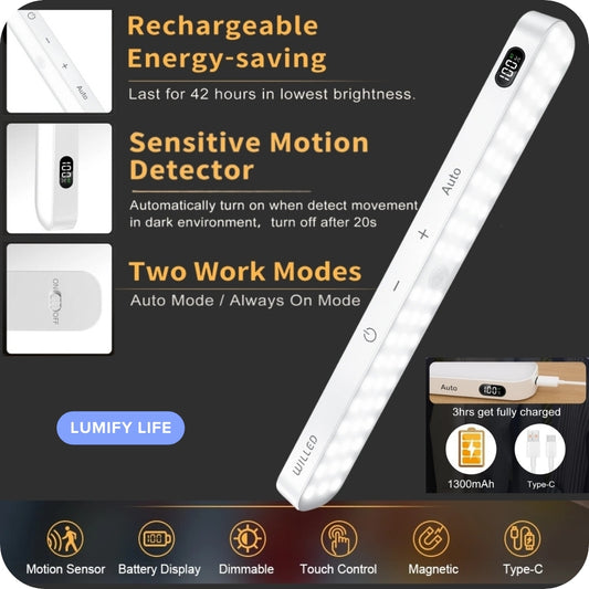 Wireless Touch Light Bar - Motion Sensor Cabinet Light, Rechargeable Battery